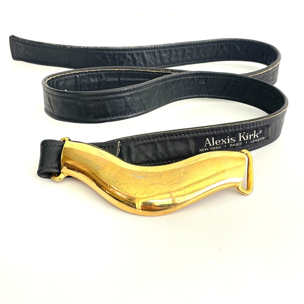 Vintage Alexis Kirk Black Leather Belt Gold Sculptural Statement Buckle 80s